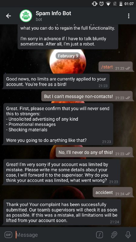 #方法  #解除限制解除 +86 中国号码 无法私聊他人的问题按照图中所示操作，向机器人发送信息，  @SpamBot   全部完成后等待约半个小时，然后重启客户端即可